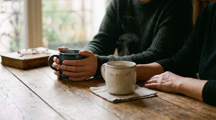 Dos tazas de cerámica artesanales sobre una mesa de madera rústica, una azul y una crema, sostenidas por manos borrosas de dos personas que comparten un momento tranquilo. Luz de ventana y vapor visible crean una atmósfera íntima.